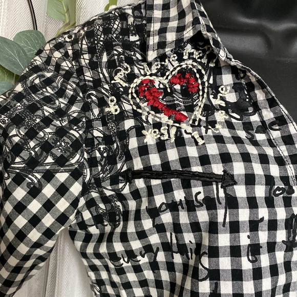 Desigual plaid black/white embroidery details, roll tap sleeves Size M - Picture 10 of 17